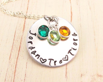 Mothers Hand Stamped Necklace Personalize with Swarovski Birthstones Family Jewelry Children's Names Custom Mommy Necklace Family Names