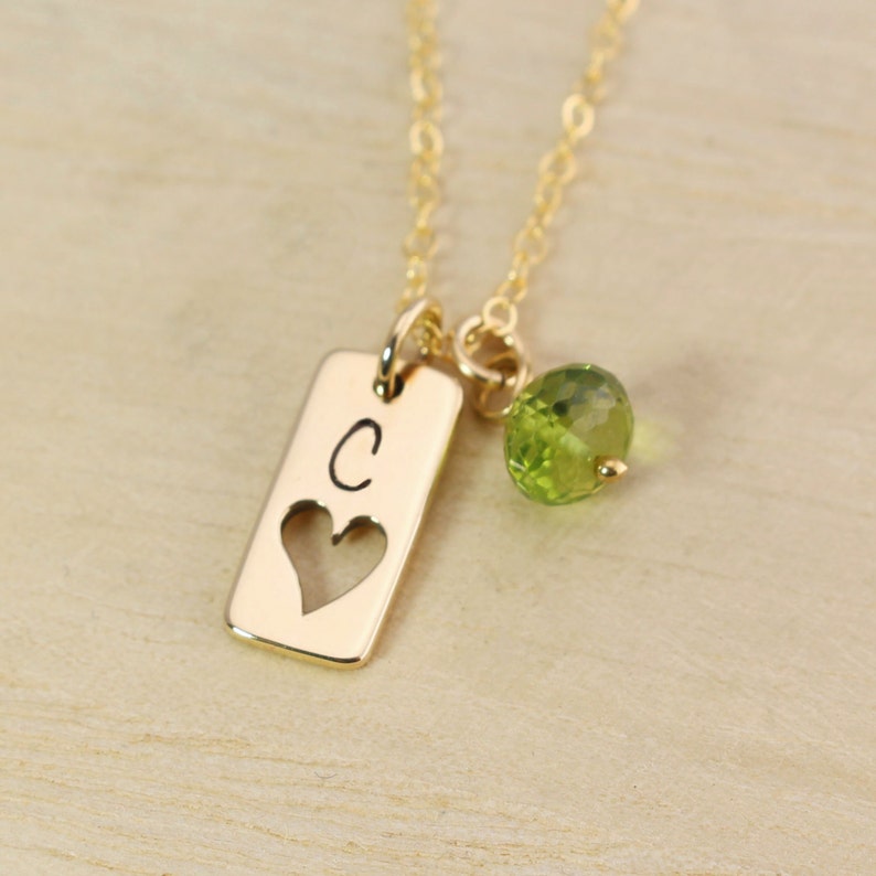 Personalized Gold Tag Necklace with Heart Cutout Gold Initial Necklace Gemstone Birthstone Necklace Vertical Gold Bar Necklace image 3
