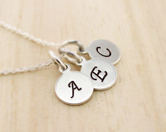 Three Initials Necklace Hand Stamped Sterling Silver Personalized Mothers Jewelry Family Necklace Birthday Friend Dainty Small Disks