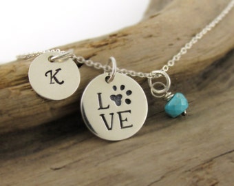 Sterling Silver Paw Print "LOVE" Charm Birthstone and Initial Necklace Personalized Dog Paw Pet Lover Jewelry Gift for Veterinarian