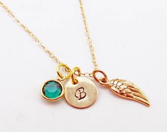 Memorial Necklace - Gold Initial Necklace - Birthstone Necklace - Personalized Angel Wing Necklace - Memorial Jewelry - Sympathy Gift