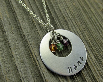 Nana Swarovski Birthstone Charm Necklace Hand Stamped and Personalized Gift for Mother Grandmother Mimi Gigi Oma Mothers Day