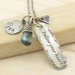 Personalized Graduation Necklace Rustic Hand Stamped Jewelry Antiqued Sterling Gemstone Birthstone Follow Your Heart Name Disc image 2