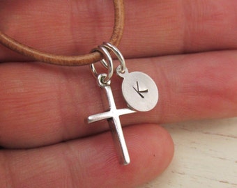 Small Sterling Silver Cross Necklace with Initial on Leather Masculine Gift  for Young Man Graduation Baptism Communion Confirmation