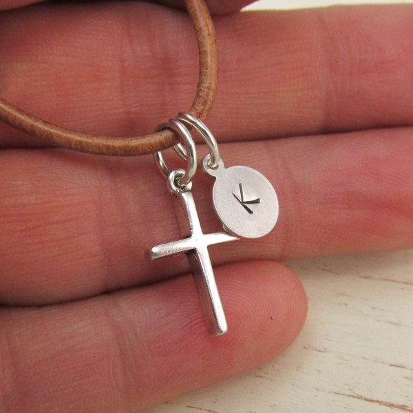 Small Sterling Silver Cross Necklace with Initial on Leather Masculine Gift  for Young Man Graduation Baptism Communion Confirmation