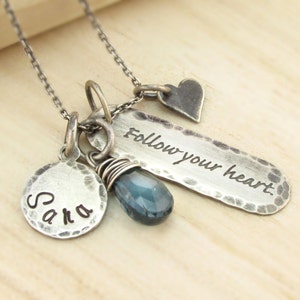 Personalized Graduation Necklace - Rustic Hand Stamped Jewelry - Antiqued Sterling - Gemstone Birthstone - Follow Your Heart - Name Disc