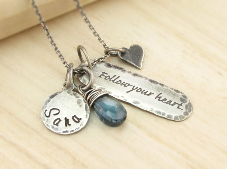 Personalized Graduation Necklace Rustic Hand Stamped Jewelry Antiqued Sterling Gemstone Birthstone Follow Your Heart Name Disc image 1