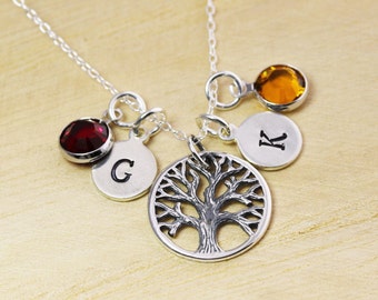 Family Tree Mothers Day Necklace - Family Tree of Life Necklace - Mothers Initial Necklace - Initial and Birthstone Necklace - Personalized