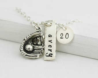 Personalized Baseball Necklace -Sterling Silver Baseball or Softball Necklace -Jersey Number and Name Bar -Baseball Jewelry -Sports Necklace