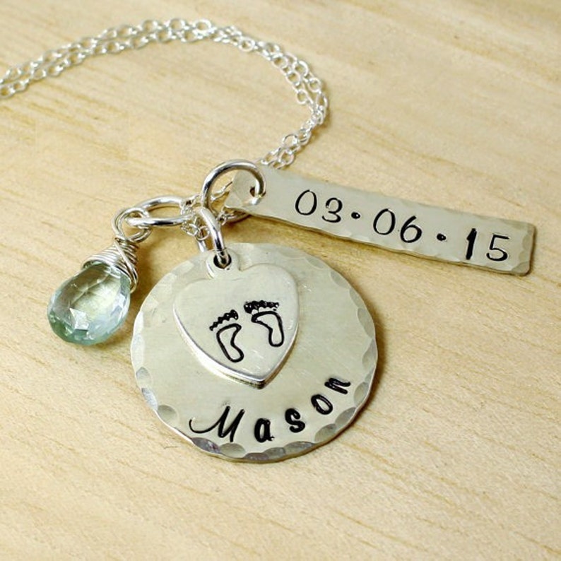 Push Present Personalized Mothers Necklace New Mom Necklace New Baby Jewelry Name and Date Tag Gemstone Birthstone Baby Feet image 2