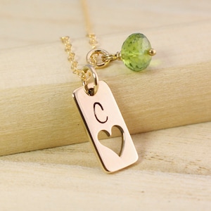 Personalized Gold Tag Necklace with Heart Cutout Gold Initial Necklace Gemstone Birthstone Necklace Vertical Gold Bar Necklace image 1