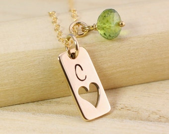 Personalized Gold Tag Necklace with Heart Cutout - Gold Initial Necklace - Gemstone Birthstone Necklace - Vertical Gold Bar Necklace