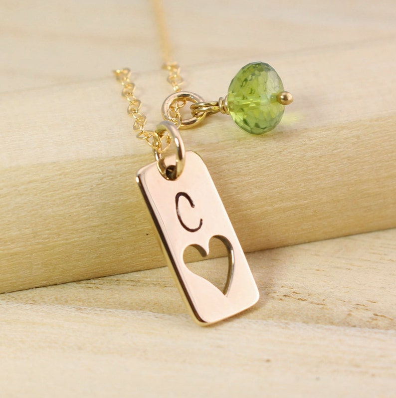 Personalized Gold Tag Necklace with Heart Cutout Gold Initial Necklace Gemstone Birthstone Necklace Vertical Gold Bar Necklace image 1