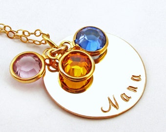 Gold Nana Necklace - Personalized Gold Jewelry - Gold Swarovski Birthstones Mothers Day Gift for Nana Grandma Mimi Oma or Gigi Nana Pendant