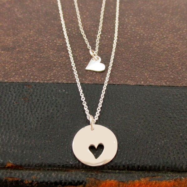 Mother Daughter Necklaces Mommy and Me Jewelry Sterling Silver Heart Cutout Charm Tiny Heart Necklace One Two or Three Daughters