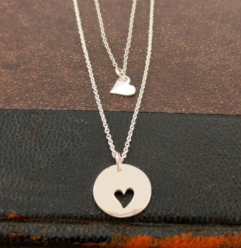 Mother Daughter Necklaces Mommy and Me Jewelry Sterling Silver Heart Cutout Charm Tiny Heart Necklace One Two or Three Daughters image 1