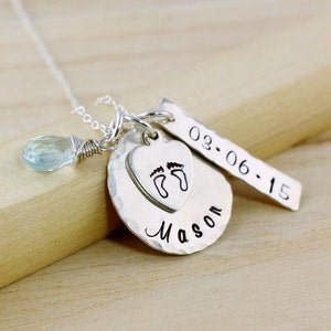 Push Present Personalized Mothers Necklace New Mom Necklace New Baby Jewelry Name and Date Tag Gemstone Birthstone Baby Feet image 1