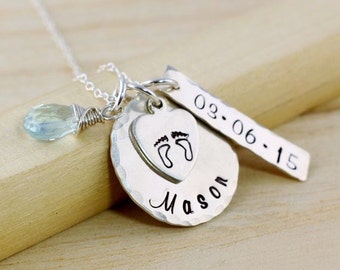 Push Present - Personalized Mothers Necklace - New Mom Necklace - New Baby Jewelry - Name and Date Tag - Gemstone Birthstone - Baby Feet