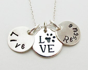 Live Love Rescue Pet Adoption Necklace in Sterling Silver Hand Stamped can be Personalized Dog Cat Animal Shelter Pet Rescue Paw Print