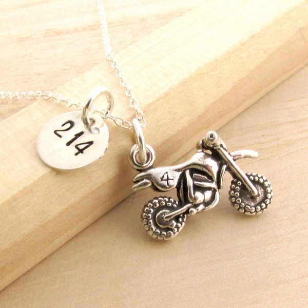 Motocross Necklace - Personalized MX Jewelry - Sterling Silver Dirt Bike Charm - Moto Mom Gift - Supercross - AMA - Motorcycle - Race Number