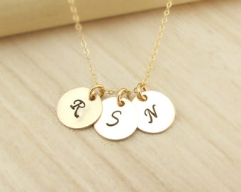 1 2 3 4 5 Initial Necklace 14k Gold Initial Jewelry Personalized Gold Necklace Monogram Discs Bridesmaids Gift 3 Initial Disc Necklace