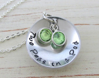 Two Peas in a Pod Hand Stamped Swarovski Charm Necklace Perfect for best friends girlfriends and besties BFF's Twin Jewelry Sisters