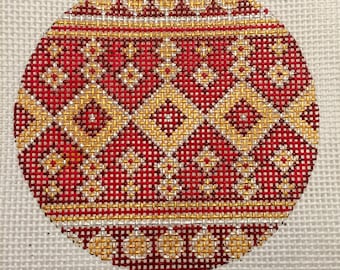 Hand Painted Needlepoint Canvas Red and Gold 13 Count Canvas 4" Ornament