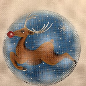 Hand Painted Needlepoint Canvas Rudolph Medallion 18 ct Canvas 4&quot; Ornament