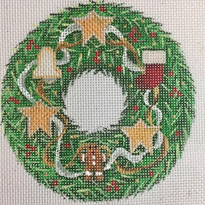 Hand Painted Needlepoint Canvas Gingerbread Man Wreath 18 count 4&quot; Ornament