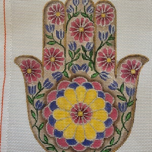 Hand Painted Needlepoint Canvas 5.5”x7” Flower Hampsa Hand