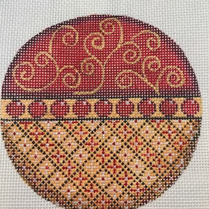 Hand Painted Needlepoint Canvas 18 mesh Gold and Red 4&quot; Ornament