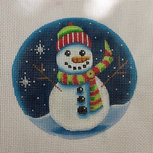 Hand Painted Needlepoint Canvas Happy Snowman Green 4&quot; Ornament 18 count