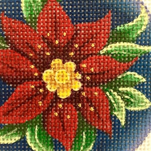 Hand Painted Needlepoint Canvas Red Poinsettia 4&quot; Ornament  13 count
