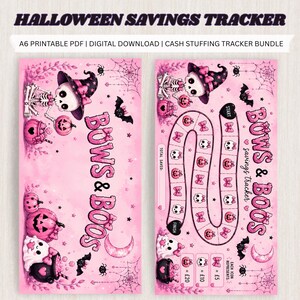 May include: A pink Halloween savings tracker digital download featuring the text BOWS & BOOS. The design includes illustrations of a skeleton in a witch hat, pumpkins, ghosts, bats, and spiderwebs, with a game-style path for tracking savings.