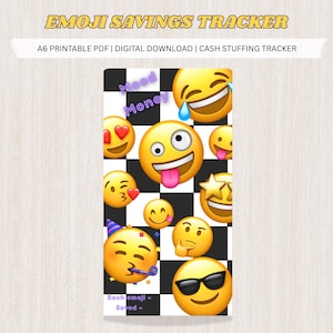 Puede incluir: Un rastreador de ahorros rectangular imprimible A6 con un fondo de patrón de cuadros blancos y negros. El diseño incluye varias caras de emoji amarillas, el texto Mood Money y el texto Each emoji - Saved - en letras moradas.