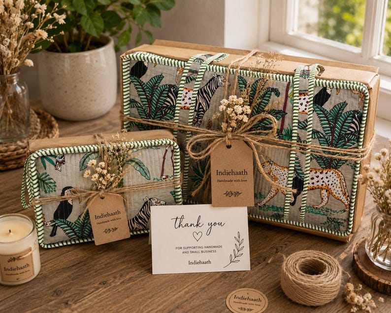 Puede incluir: Dos cajas rectangulares de tela acolchada con estampado de selva con tigres, leopardos y tucanes, acentuadas con ribetes a rayas verdes. Cada caja est&aacute; atada con cordel y una etiqueta de papel marr&oacute;n con la marca Indiehaath.