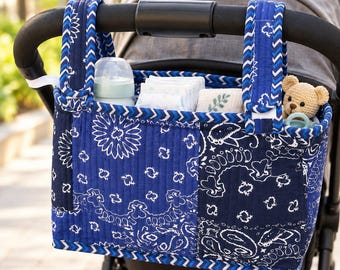 Blue Quilted Stroller Caddy Bag, Cotton Baby Stroller Organizer, Pram Storage Bag, Diaper Essentials Holder, Handmade Baby Shower Gift