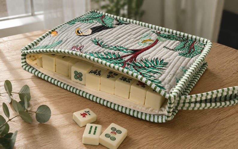 Bolsa de mahjong de algodón acolchada hecha a mano, estuche organizador de fichas con estampado safari imagen 13