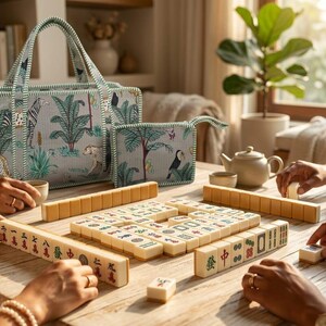 Puede incluir: Un bolso rectangular de tela y un estuche peque&ntilde;o con cremallera a juego, ambos con fondo azul claro y un estampado de selva tropical verde que incluye cebras y leopardos, expuestos junto a un juego de mahjong sobre una mesa de madera.