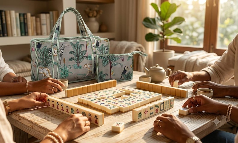 Puede incluir: Un bolso rectangular de tela y un estuche peque&ntilde;o con cremallera a juego, ambos con fondo azul claro y un estampado de selva tropical verde que incluye cebras y leopardos, expuestos junto a un juego de mahjong sobre una mesa de madera.