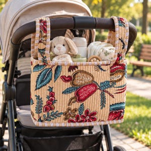 May include: A quilted fabric pram organiser in a beige colour with a floral and botanical print in red, teal, and brown. The rectangular bag features two top handles and contains a plush rabbit toy, a white bottle, and folded white nappies.