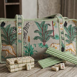 Bolsa de mahjong de algodón acolchada hecha a mano, estuche organizador de fichas con estampado safari imagen 14