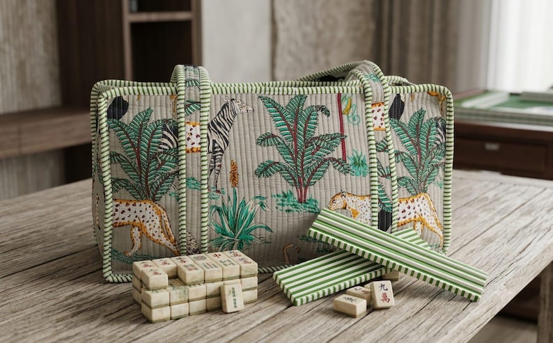 Bolsa de mahjong de algodón acolchada hecha a mano, estuche organizador de fichas con estampado safari imagen 14