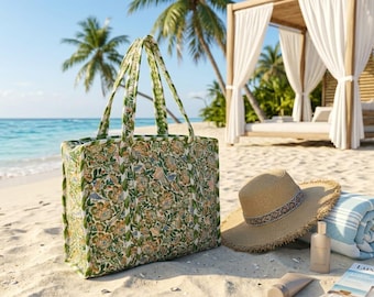 Handmade Quilted Cotton Tote Bag, Blue Floral Block Print, Large Travel Weekender Beach Bag