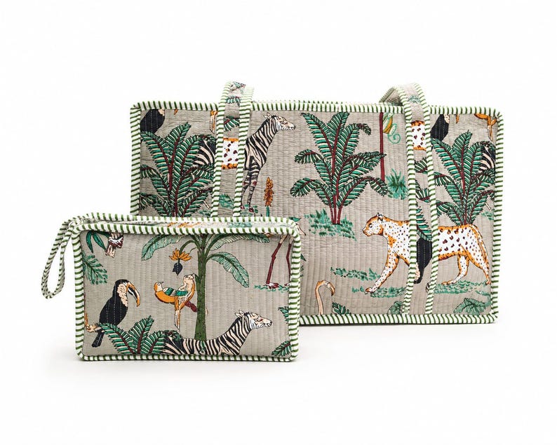 Bolsa de mahjong de algodón acolchada hecha a mano, estuche organizador de fichas con estampado safari imagen 2