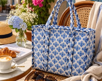 Handmade Quilted Cotton Tote Bag, Blue Floral Block Print, Large Travel Weekender Bag
