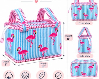Cotton Quilted Stroller Caddy Bag, Flamingo Print Pram Organizer, Baby Stroller Storage Bag, Blue Striped Diaper Caddy, Gift for New Mom