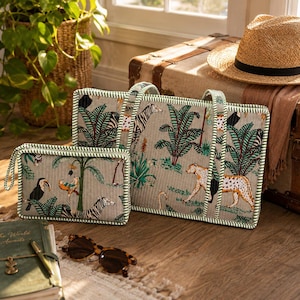 Bolsa de mahjong de algodón acolchada hecha a mano, estuche organizador de fichas con estampado safari imagen 3