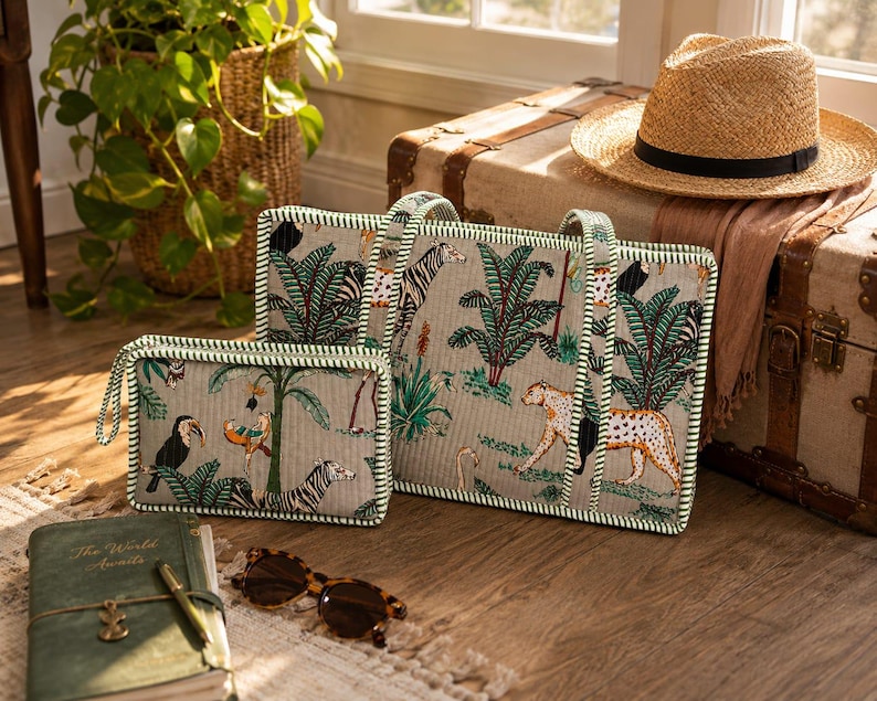 Bolsa de mahjong de algodón acolchada hecha a mano, estuche organizador de fichas con estampado safari imagen 3