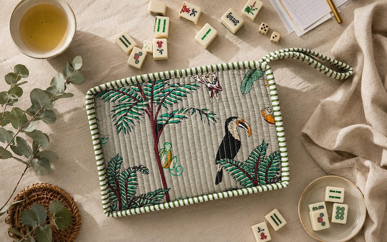 Bolsa de mahjong de algodón acolchada hecha a mano, estuche organizador de fichas con estampado safari imagen 12